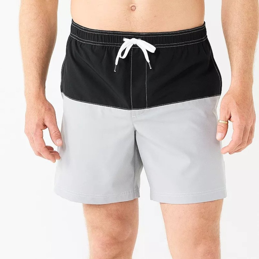 Mens Large Grey/Black Sonoma Goods For Life 7" Full Elastic-Waistband Swim Short